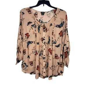 Evans Women’s 26/28 Butterfly Floral Button Front Pleated Top Roll Tab Tunic